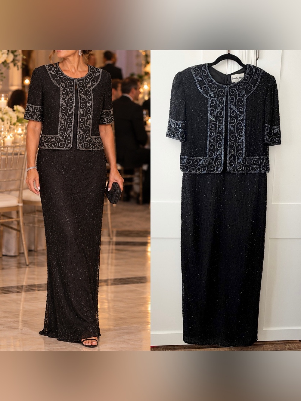 Camille Marie Vintage 80s Silk Beaded Jacket Evening Gown Black Sz L
